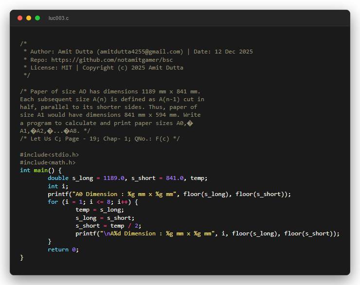 Paper of size AO has dimensions 1189 mm x 841 mm. Each subsequent size A(n) is defined as A(n-1) cut in half, parallel to its shorter sides. Thus, paper of size A1 would have dimensions 841 mm x 594 mm. Write a program to calculate and print paper sizes A0,� A1,�A2,�...�A8.